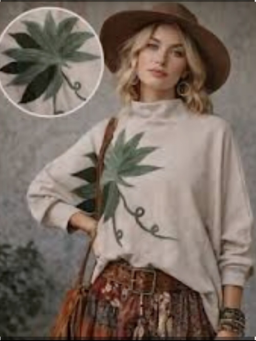 Aaeda Boho Tropical Leaf Sweater with Green Leaf